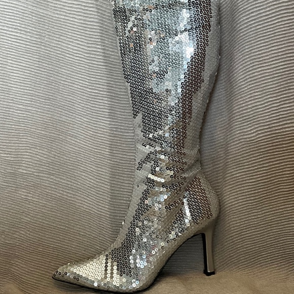 Silver Sequined Knee High Boots - 4” Heel - Picture 1 of 7